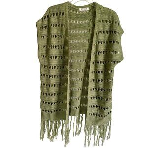 Jolie & Joy Green Open Knit Sleeveless Cardigan Tassels Junior's Size Medium NEW